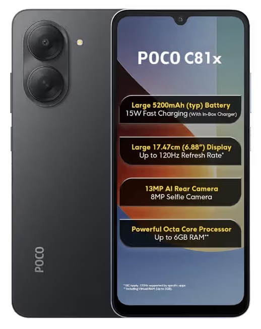 POCO C81x | 3 GB RAM & 64 GB Storage | 5200 mAh Battery | 13 MP Rear Camera | 6.88" Display | Crystal Black